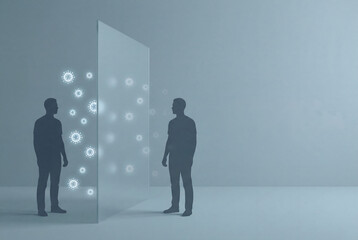 Obraz premium Minimal healthcare illustration representing human-to-human transmission prevention of Nipah virus, using symbolic separation and clean design for public health education and awareness campaigns. 