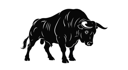 Obraz premium A powerful black bull stands stoically on a white background.
