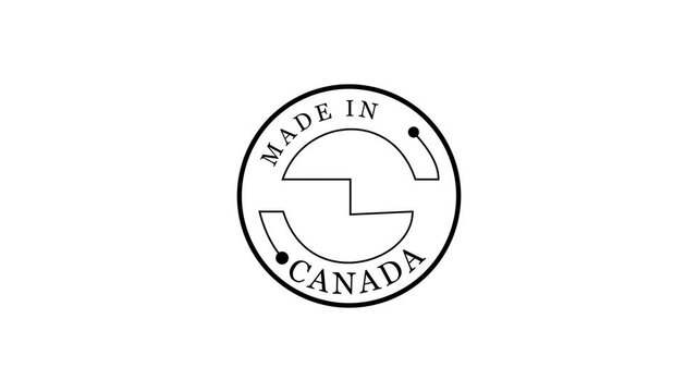 Made in Canada circular stamp with stylized letter C and dots on white background seal label