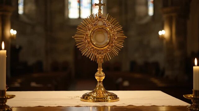Golden monstrance with candles inside of a church