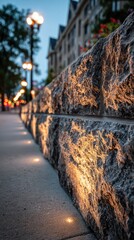 Evening scene A textured stone wall is lit from below and alongside a sidewalk with street lights