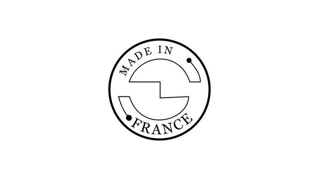 Made in France circular stamp with stylized letter F and dots on white background seal label