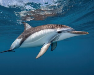 Graceful dolphin swims underwater, showing sleek form & contrasting colors. Reflective surface above