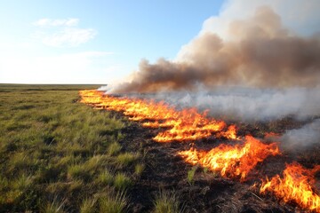 Fototapeta premium Fire Producing Thick Smoke Over Open Terrain with Blazing Flames and Grass