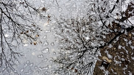 Fototapeta premium A thin layer of ice forms on a puddle surface reflecting tree branches and autumn leaves