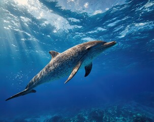 Underwater shot of a dolphin swimming gracefully, with sunlight streaming through the water