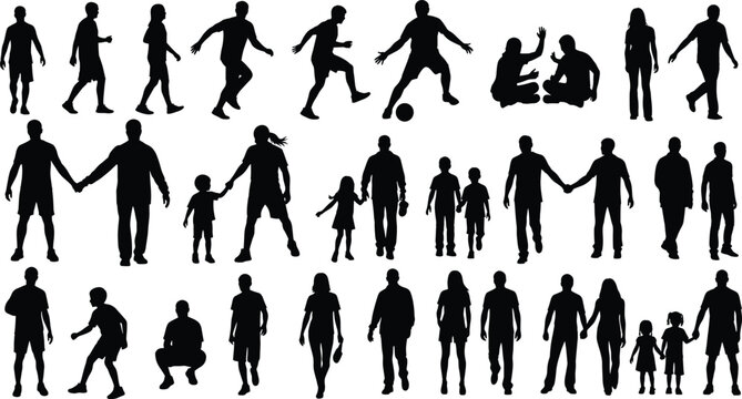 Black silhouettes of people walking running sitting and interacting black silhouettes, people, walking, running, sitting, interacting, human figures, white background, various poses, group, child, sil