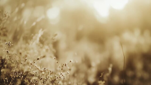 Dried grass plants and seed heads glow with warm sepia tones, captured in soft focus against a blurred, bright background with natural light and bokeh, depicting tranquility in nature