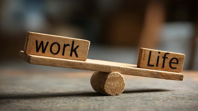 Wooden balance scale with work and life blocks on either side on table