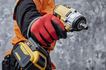 Worker in protective gloves holding cordless impact driver during repair or construction work. Concept of professional handyman service, power tools, installation and industrial craftsmanship.