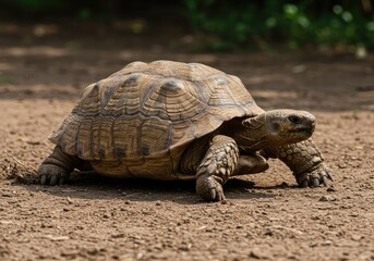 A large ancient reptile, a tortoise, moves with immense deliberate slowness across dry soil, illustrating patience and endurance ,ancient ,resilience ,drought