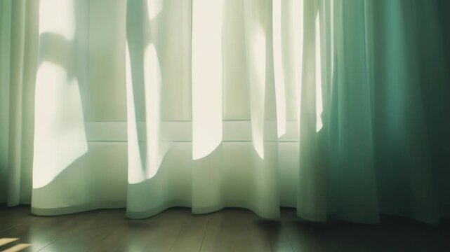 Sunlight beams piercing through white sheer curtains, creating striking light and shadow patterns on a polished hardwood floor, evoking a peaceful awakening and tranquil home atmosphere