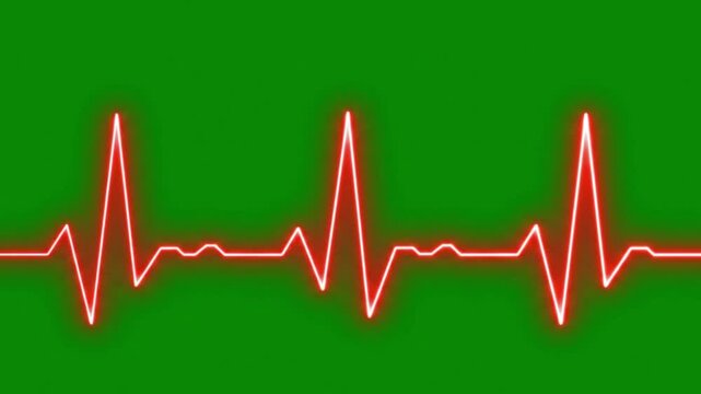 Glowing red heartbeat cardiogram line on green background visualizing medical health monitoring technology and vital sign rhythm display