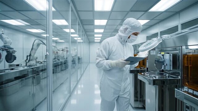 Professional Technician in Sterile Cleanroom Suit Inspecting Silicon Wafer with Tablet and Magnifying Glass in Semiconductor Fabrication Plant