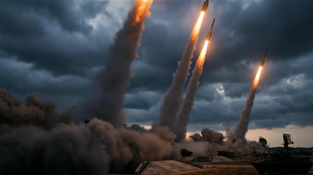 Multiple Military Missiles Launching from Mobile Platforms into Dramatic Cloudy Sky During Defense Exercise