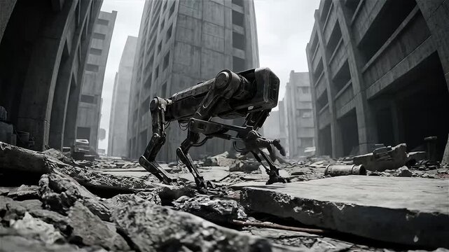 Post-Apocalyptic Quadruped Robot Dog Patrolling Ruined City Streets, Dystopian Sci-Fi Future Landscape with Robotic Scout Navigating Rubble and Concrete Buildings