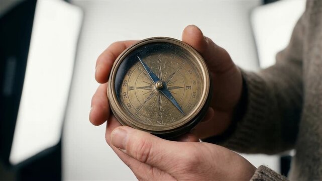 Close-up of Man's Hands Holding and Rotating a Vintage Brass Nautical Compass for Navigation and Exploration Concepts on a White Background