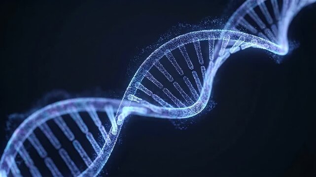 Abstract 3D animation of a glowing blue DNA double helix structure made of particles rotating on a dark background for science, medical, and genetic research concepts.