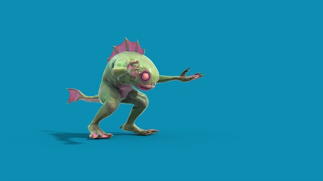 Blue Screen Fish Man Monster Die Side 3D Animation Rendering CGI 4K