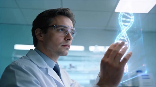 Professional Male Scientist in Lab Coat Interacting with 3D Holographic DNA Helix for Genetic Research and Biotechnology Development in Modern Medical Laboratory