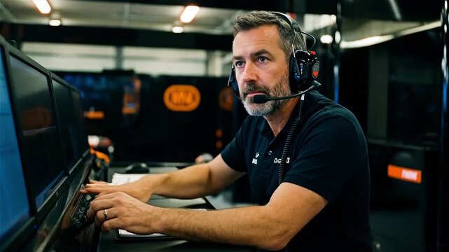 Focused Race Engineer or Technical Specialist Monitoring Real-Time Telemetry Data on Multiple Screens in a High-Tech Pit Lane Control Center