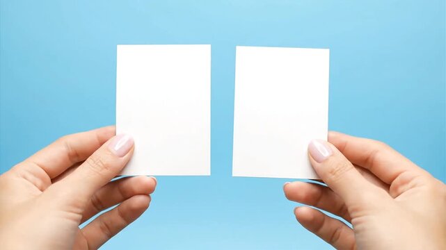 Hands holding blank cards against blue backdrop for design and marketing