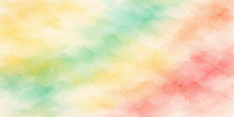 A vibrant abstract watercolor background features a soft rainbow pattern of pastel colors and bright textures, creating a light, artistic backdrop perfect for a spring wallpaper design