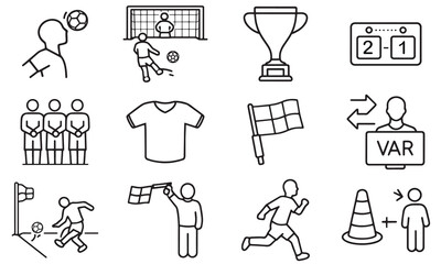 Football Match and Referee Line Icon Set, Soccer Goal VAR Score Trophy Icons