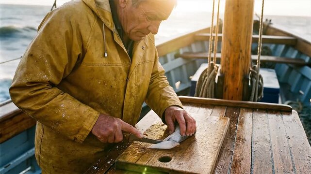 Senior Fisherman in Yellow Raincoat Gutting Fresh Catch on Wooden Boat at Sea during Golden Hour