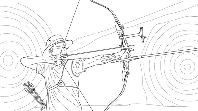 Young archer wearing a sun hat aims a recurve bow and arrow directly toward the target in this focused black and white outline drawing perfect for coloring activities.