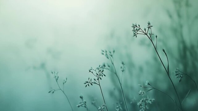 Delicate plant stems with undeveloped flower buds rising against a soft, ethereal background, capturing a fleeting moment of natural tranquility and new growth in a serene, dreamy landscape