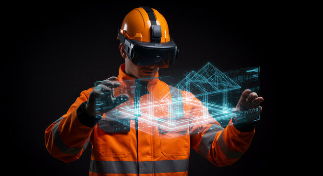 Construction worker using augmented reality glasses to interact with 3D holographic building model. Man in safety helmet and orange uniform visualizing architectural design. Innovative technology for