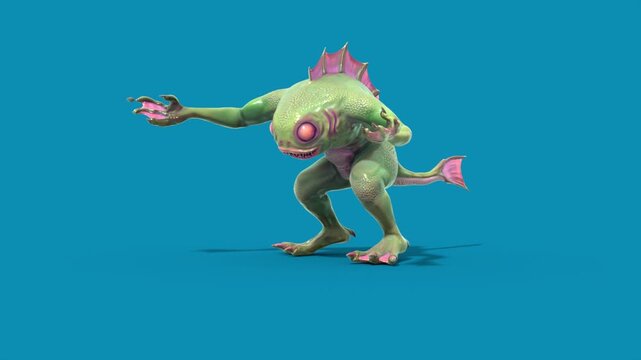 Blue Screen Fish Man Monster Die Front 3D Animation Rendering CGI 4K