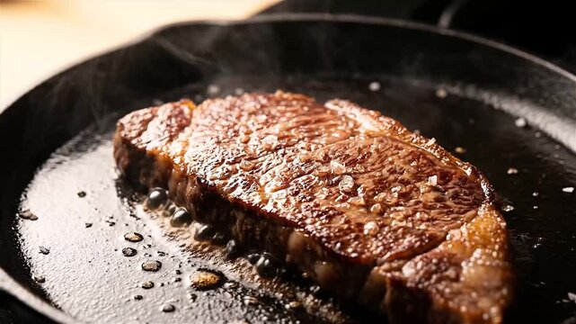 Close-up of a juicy ribeye steak searing in a hot cast iron skillet, seasoned with sea salt, with steam rising and fat sizzling in a professional kitchen.