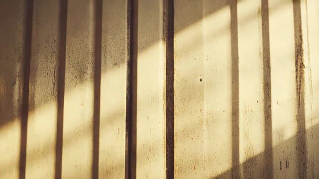 Corrugated metal wall showing abstract light and shadow patterns, highlighting the weathered texture and creating an industrial background with a vintage, grunge aesthetic from the morning sunlight