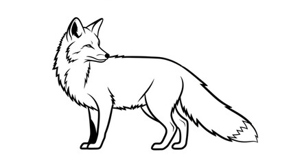 Fototapeta premium A black and white line drawing of a fox standing on looking to the left