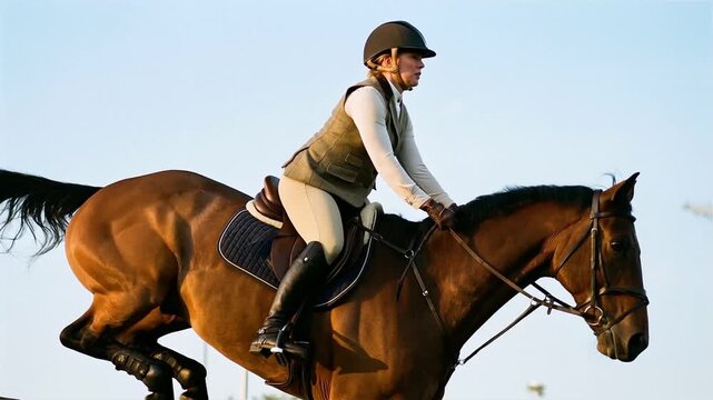 Professional Female Equestrian Jumping a Brown Bay Horse Outdoors in Golden Sunset Light