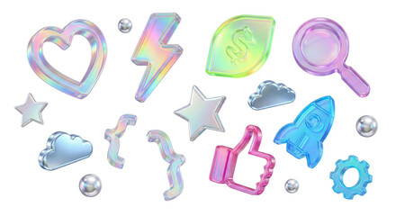 Holographic Icons and Symbols Collection: Heart, Star, Rocket, Like, Magnifying Glass