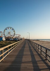 Fototapeta premium A vintage wooden boardwalk stretching toward the horizon, featuring brightly colored amusement park rides and an expansive coastal view ,angle ,waterfront ,timber