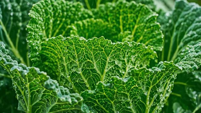 Close-up of Wet Savoy Cabbage Leaves - A vibrant close-up shot of Savoy cabbage leaves, with detailed textures and water droplets glistening on the surface.