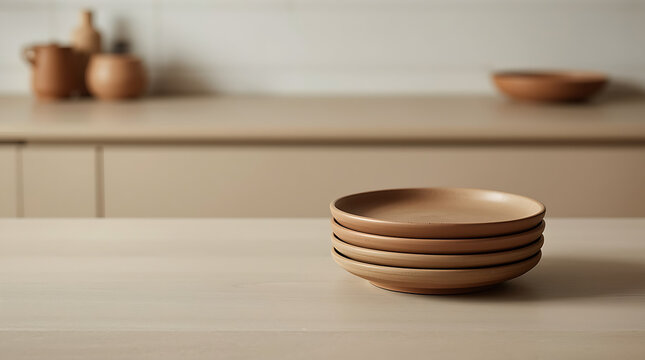 La escena presenta una cocina minimalista, destacando una pila de platos de cer&aacute;mica en tonos tierra sobre una encimera beige.