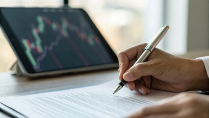 A person writes on a document while analyzing stock market trends on a tablet, showcasing a professional finance environment.