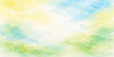 Bright abstract colorful watercolor background featuring a sunny blue sky with green grass and clouds in a vibrant summer landscape illustration © AbidurRahman