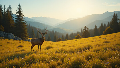 Majestic Deer Standing in a Golden Meadow at Sunset