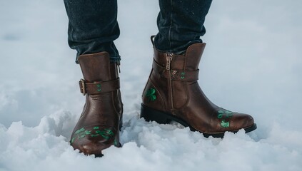 Vibrant Groovy Leprechaun Boots  Intricate Irish Folklore Footwear with Shamrocks on Snow