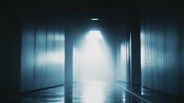 Bright light illuminates the end of a long, dark institutional corridor, creating a sense of journey, mystery, future, and a clear path forward on the reflective floor