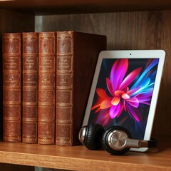 Premium  Vintage Leather Books   Modern Tech, Classic Meets Contemporary in Professional Workspace