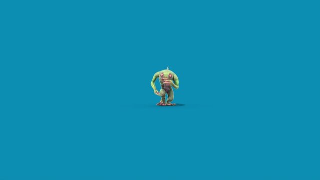 Blue Screen Fish Man Monster Runs Front 3D Animation Rendering CGI 4K