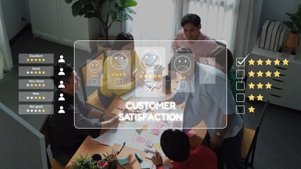 A group engaged in a collaborative meeting to assess customer satisfaction using feedback ratings...