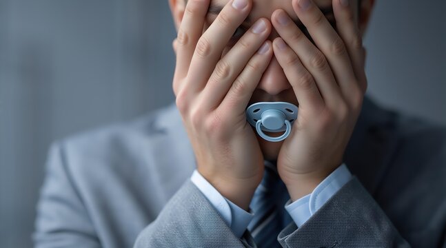 Man covering his face with hands, a pacifier hanging from his mouth. Concept of stress, overwhelm, work-life balance for new parent.
